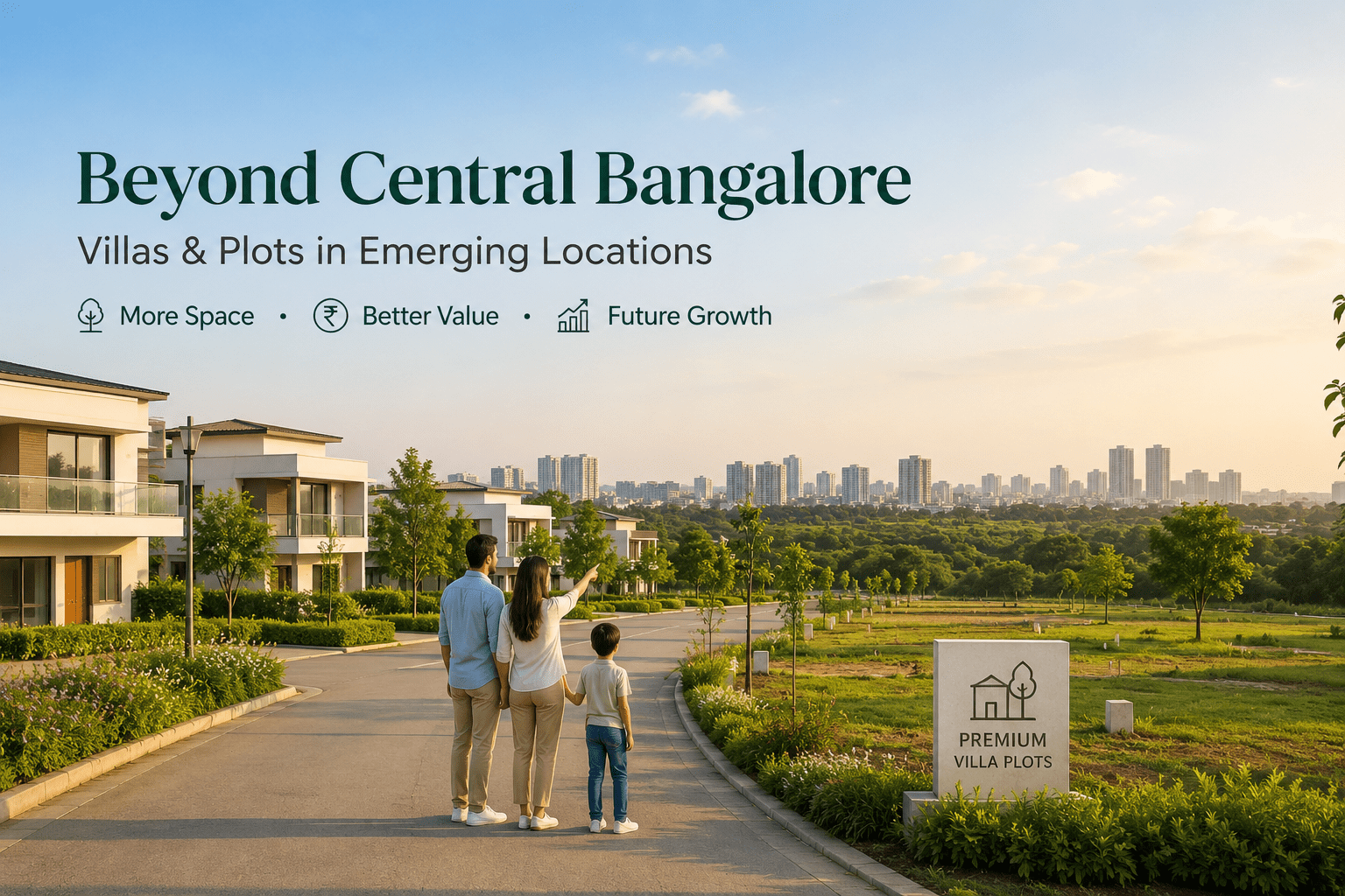 Modern villa community on the outskirts of Bangalore featuring spacious homes, plotted developments, lush green landscapes, and a family exploring future investment opportunities beyond the city center.